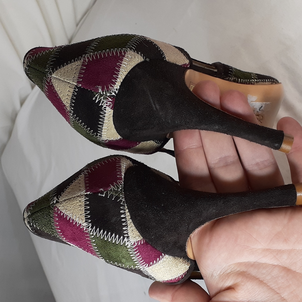 Valentino vintage Y2K patchwork suede heels burgundy green cream Brown - Picture 7 of 10